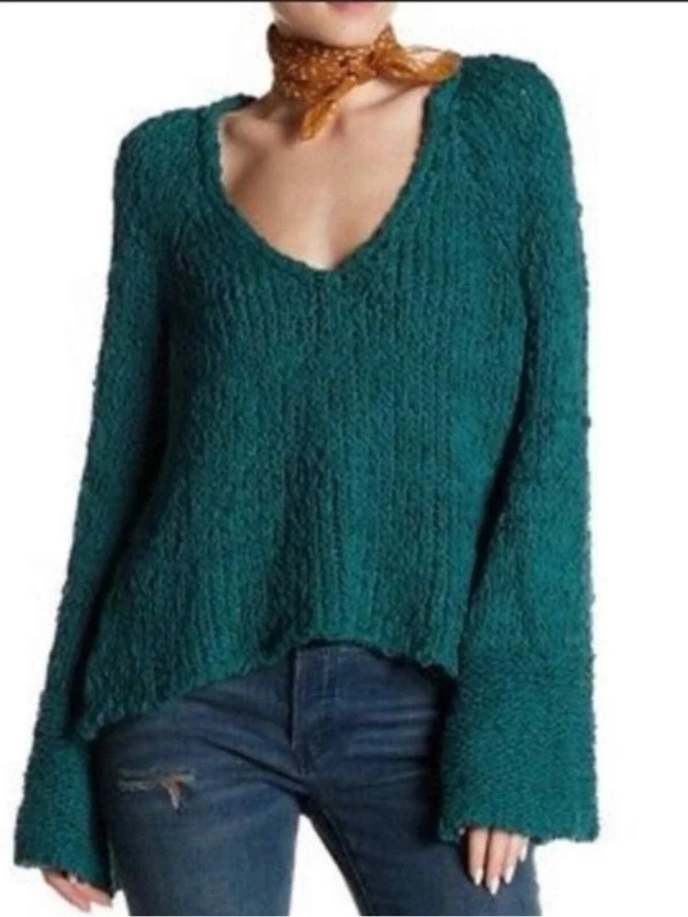 Free People Teal Chunky Sand Dune V Neck Sweater Oversized XS